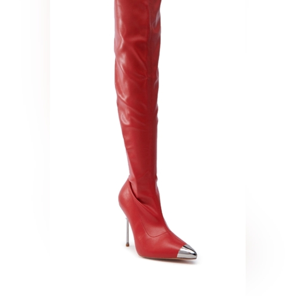 "CONFIDENT SHOWSTOPPER" Elegant Red Over-the-Knee Boots with Silver Tips - Picture 5 of 7
